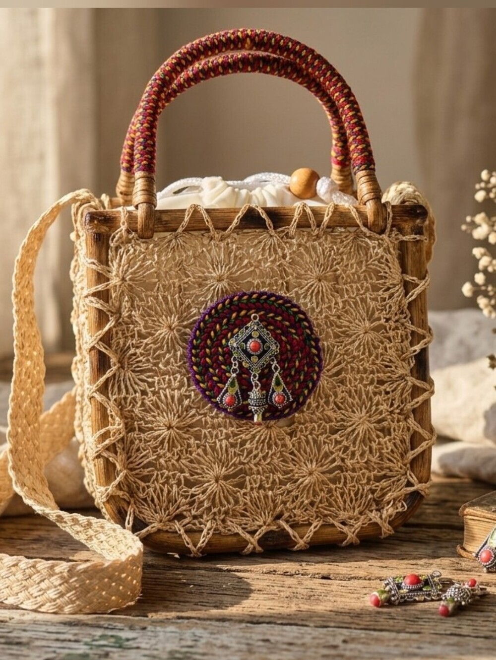 Handmade Woven Straw Basket Bag Natural  Embroidered Silver Charm Boho Crossbody